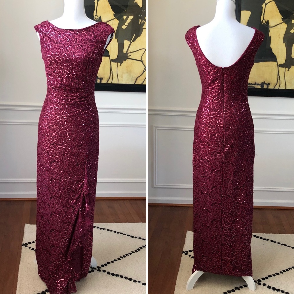 La Femme Column Dress Gown Sequin Burgundy NWOT 4